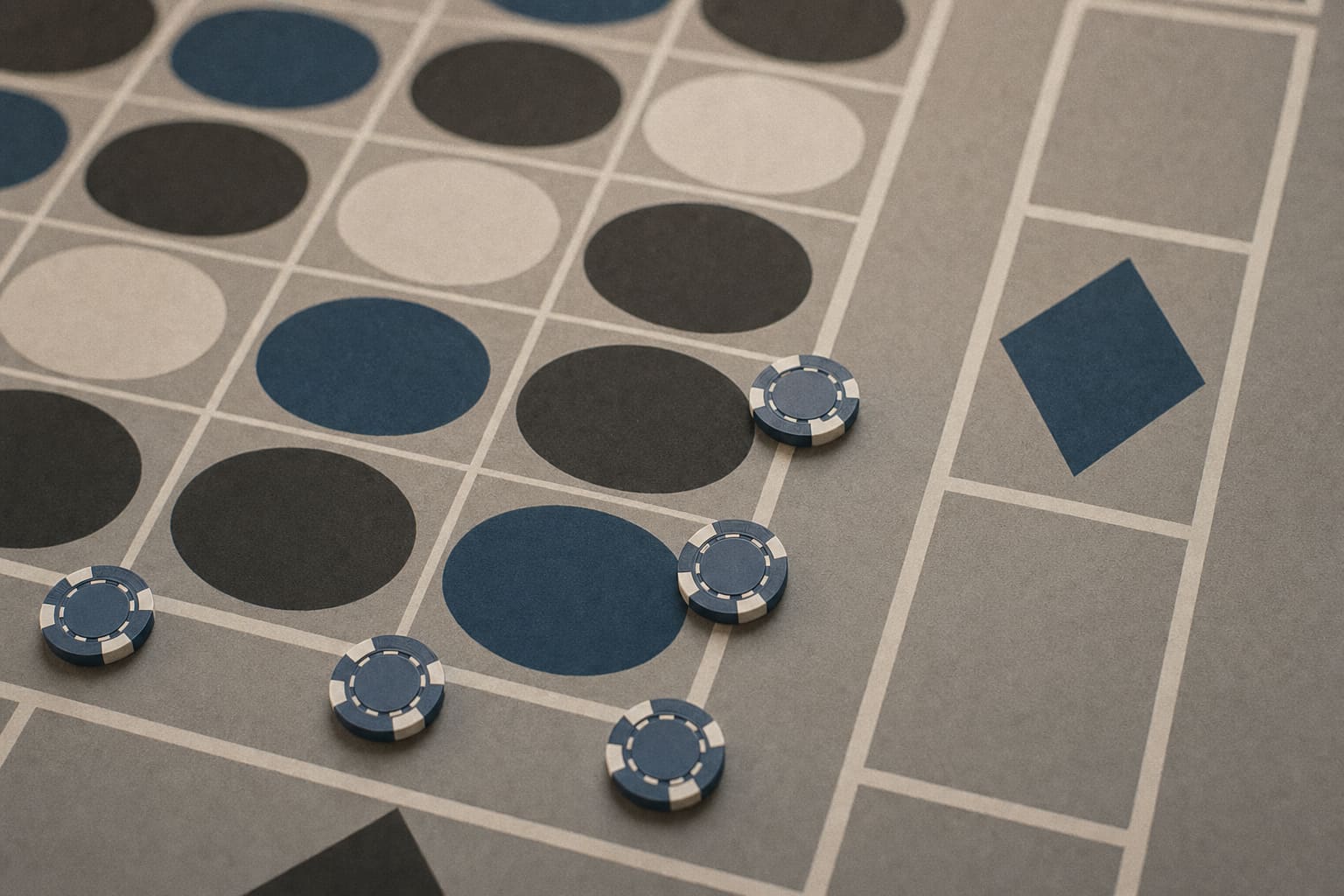 Casino chips placed on the dividing lines of a roulette betting layout