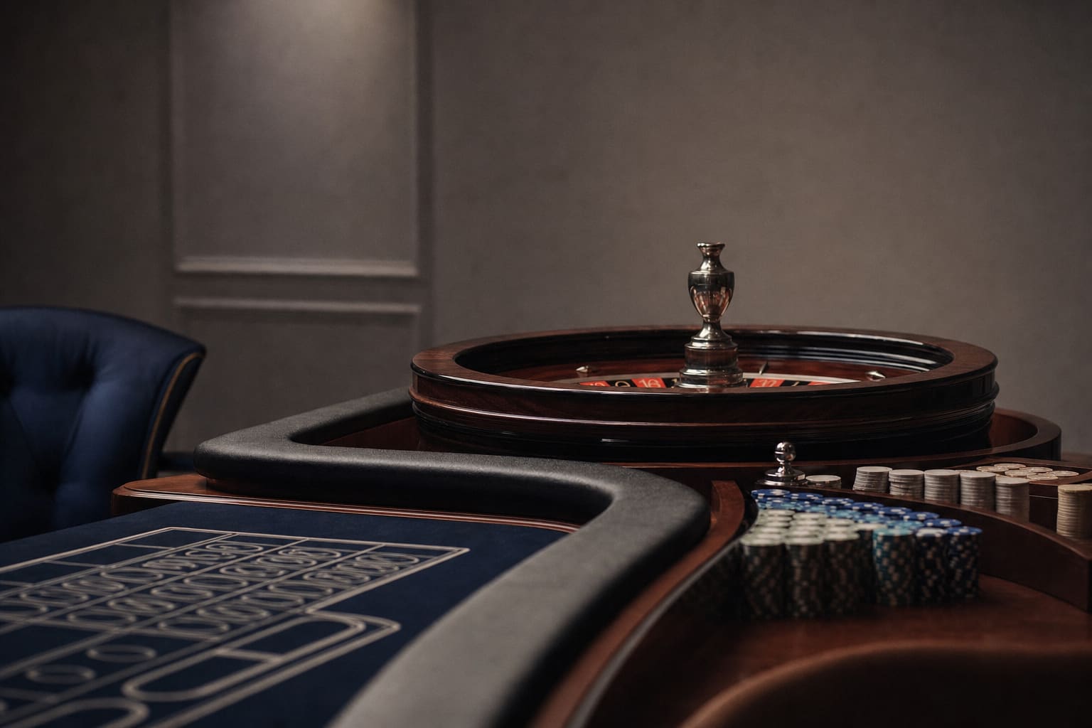 An elegant roulette table set ready for play in a refined, dimly lit room
