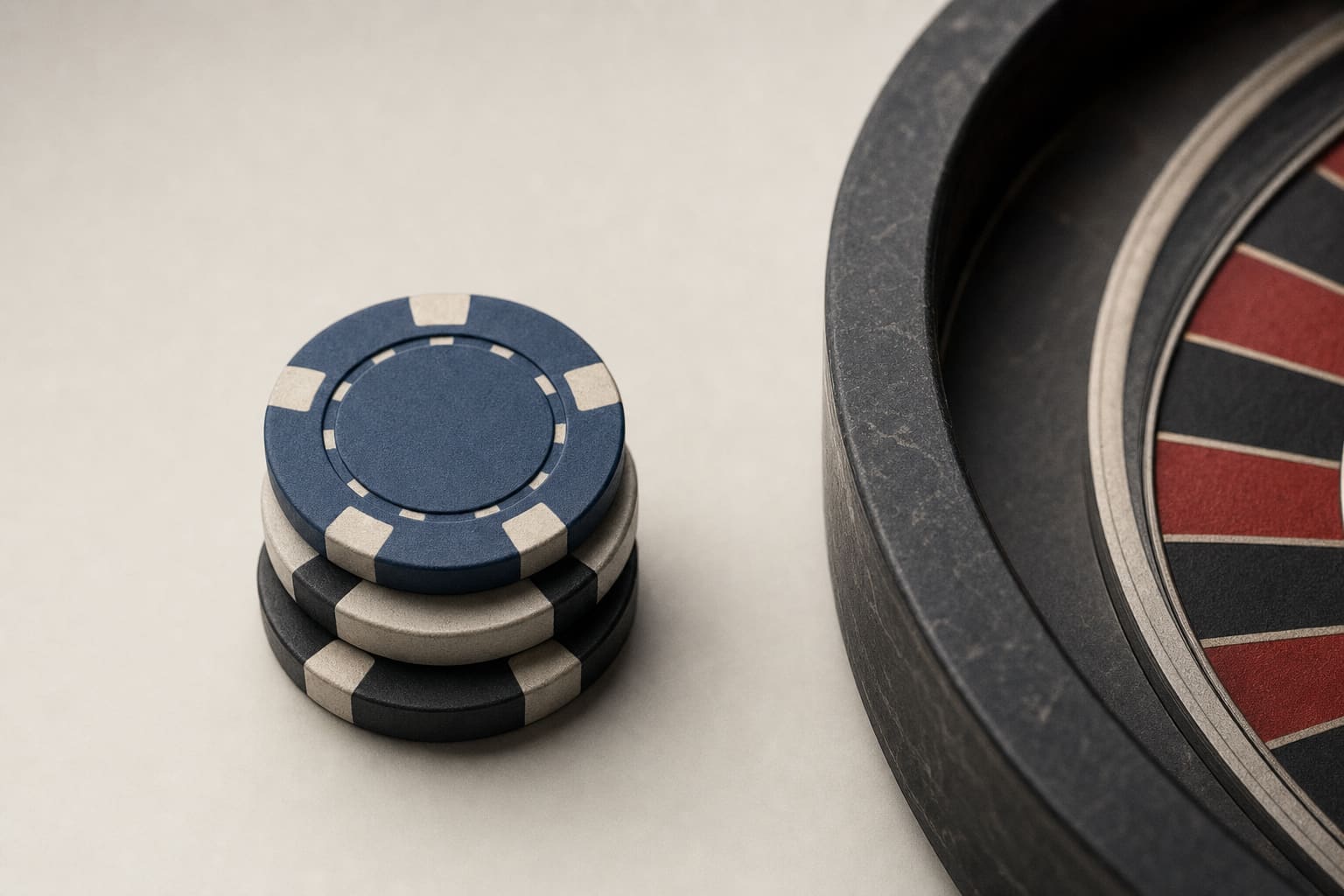 A small stack of casino chips beside the edge of a roulette table