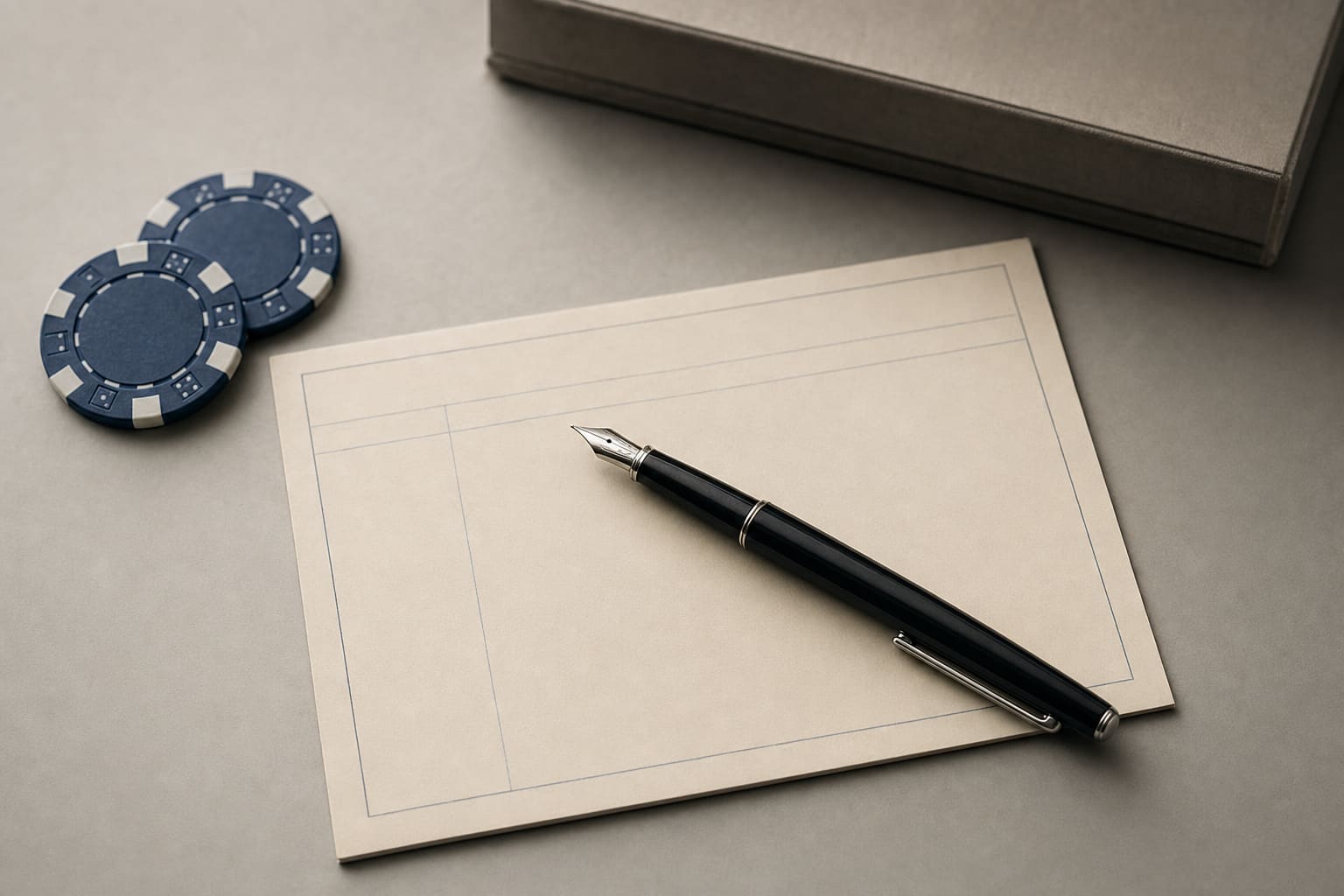 A pen resting on a ledger card beside two casino chips