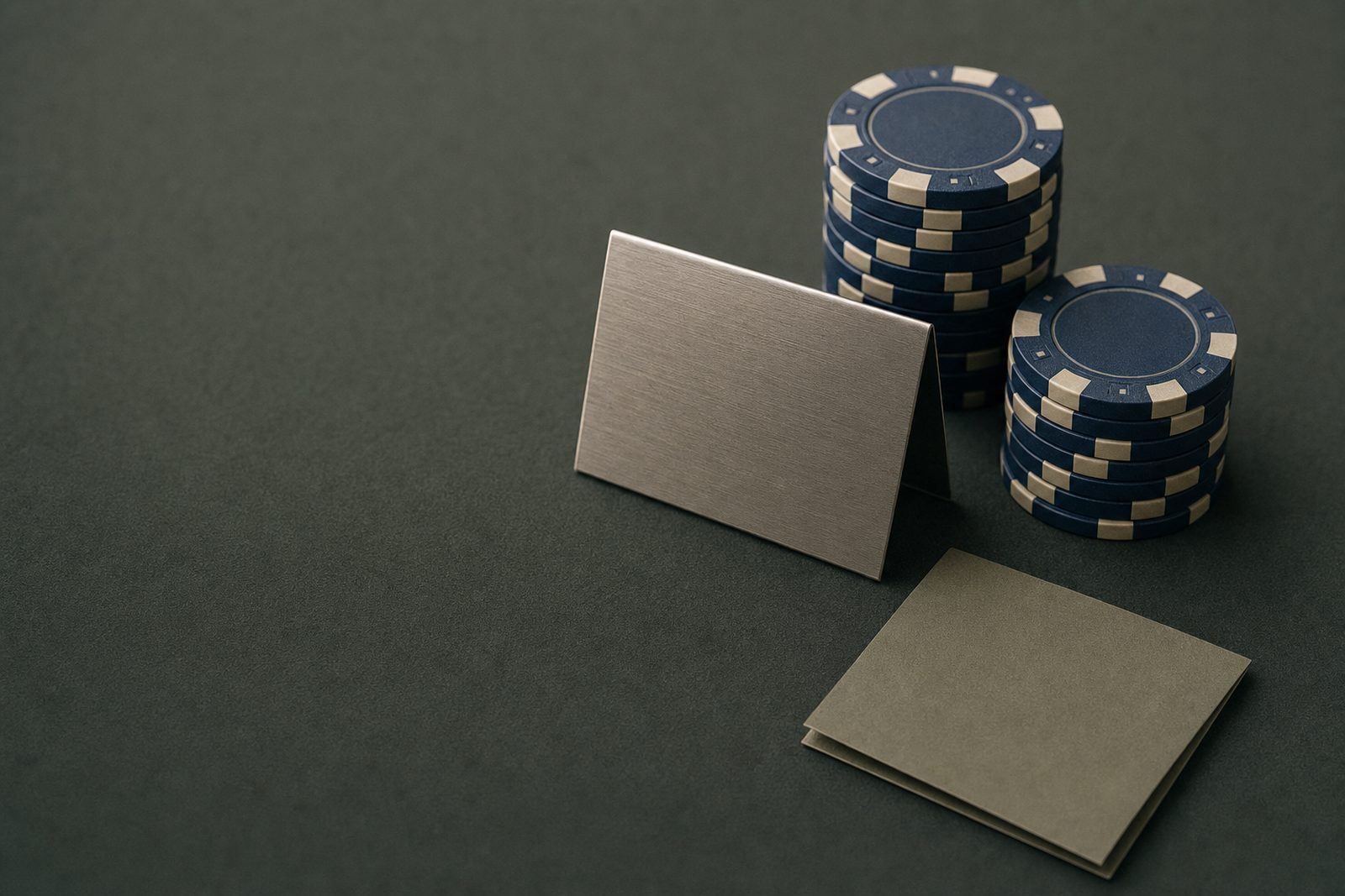 A blank brushed-steel table placard standing on dark casino felt beside two stacks of navy and cream chips