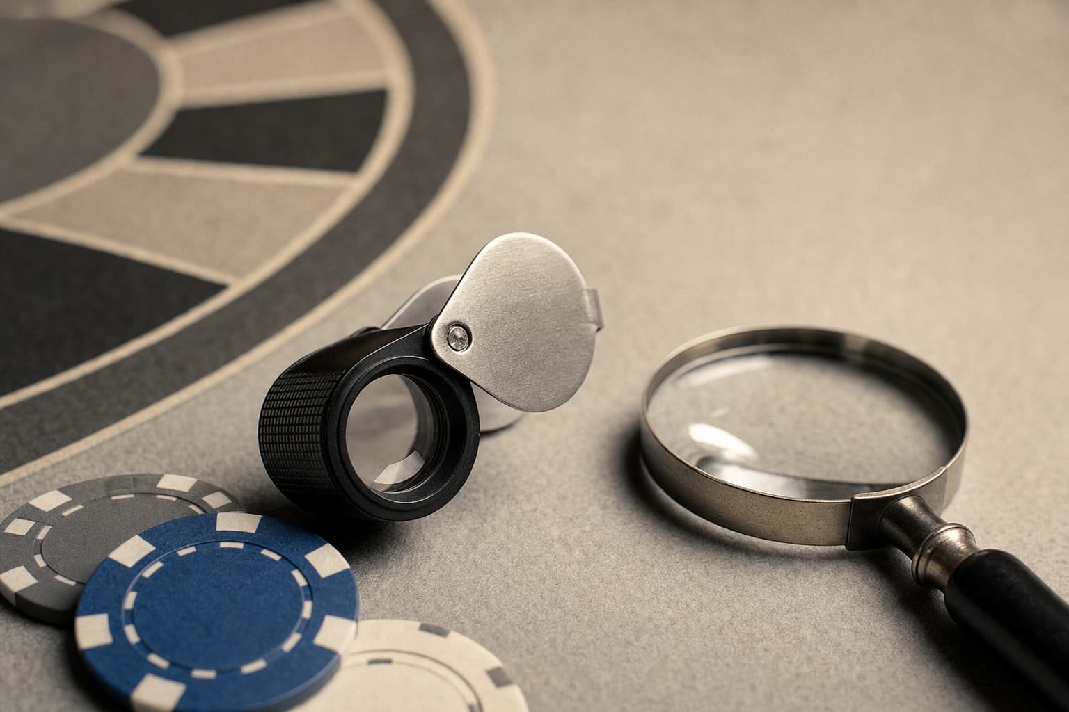 A magnifying glass resting on roulette felt beside a few chips