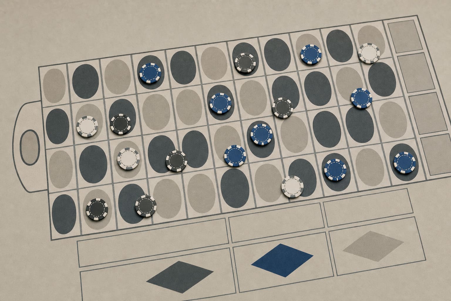 Casino chips spread across a wide section of a roulette betting layout