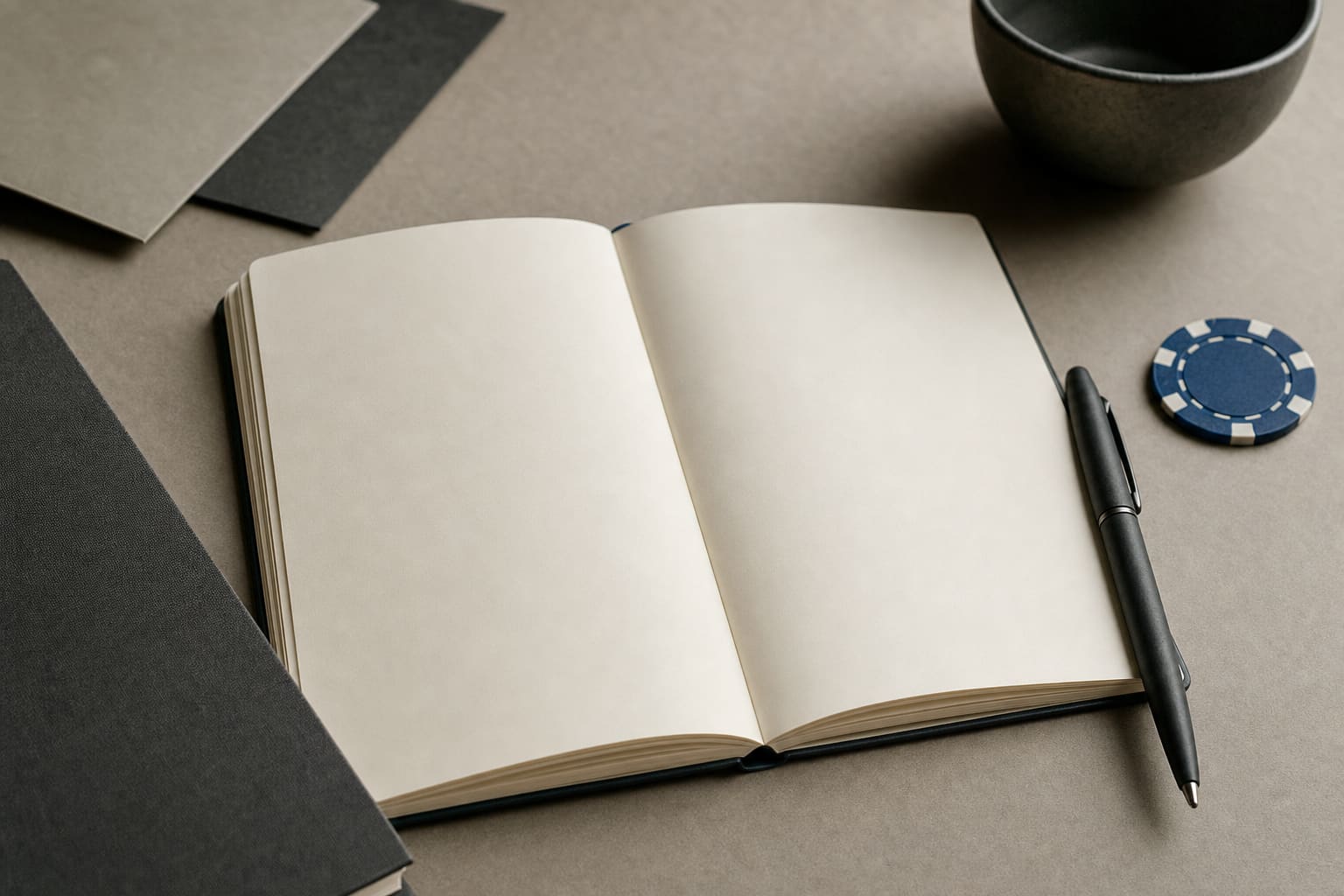 A quiet editorial desk with an open notebook, a pen and a single casino chip