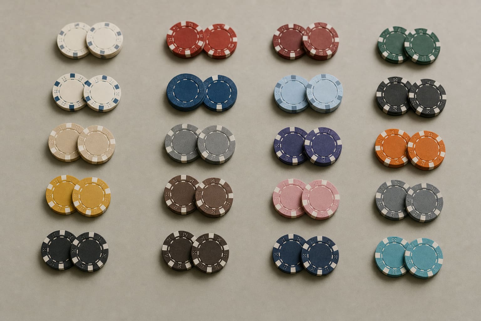 Casino chips sorted into tidy groups by colour across a surface, like a catalogue of specimens