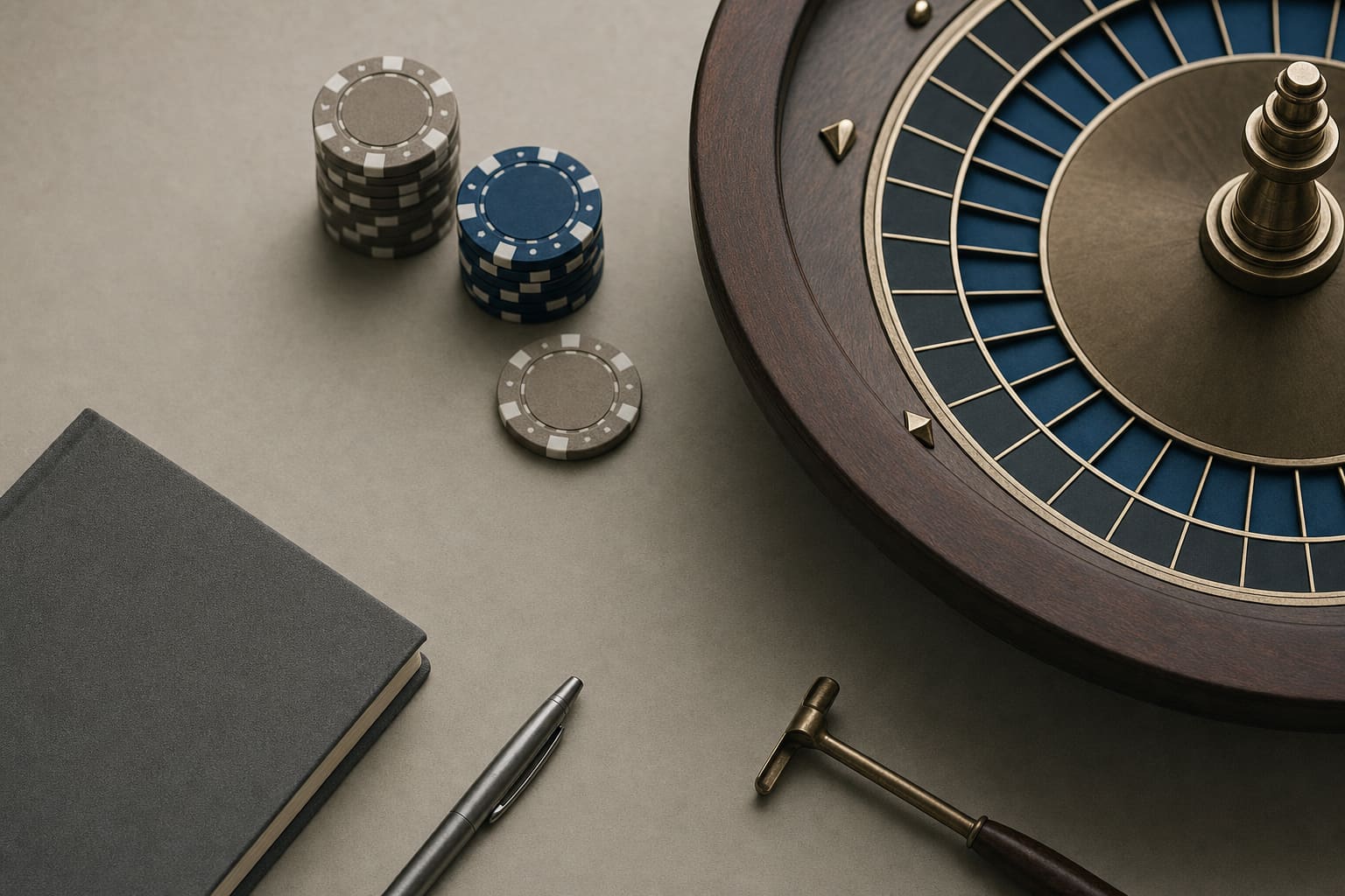 Roulette study objects — chips, a wheel rim and a notebook corner — arranged on a worktable