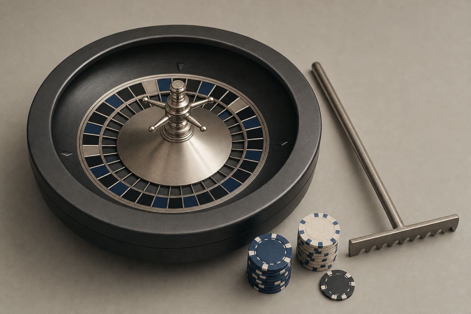 A roulette wheel, a small rake and a few chips arranged together as a set
